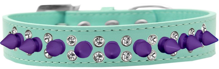 Double Crystal and Purple Spikes Dog Collar Aqua Size 14